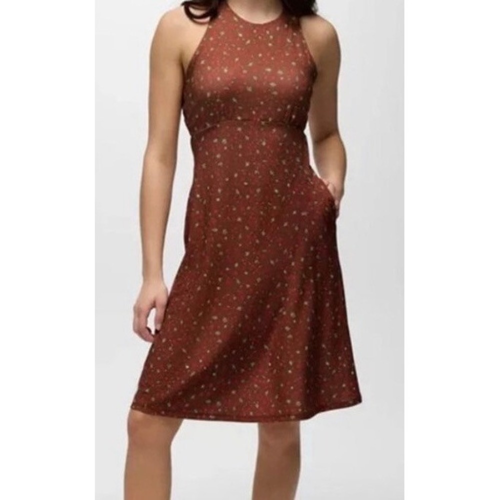 Prana NEW Jewel Lake Summer Dress Womens L Tawny Brown Floral Midi Pockets Bra